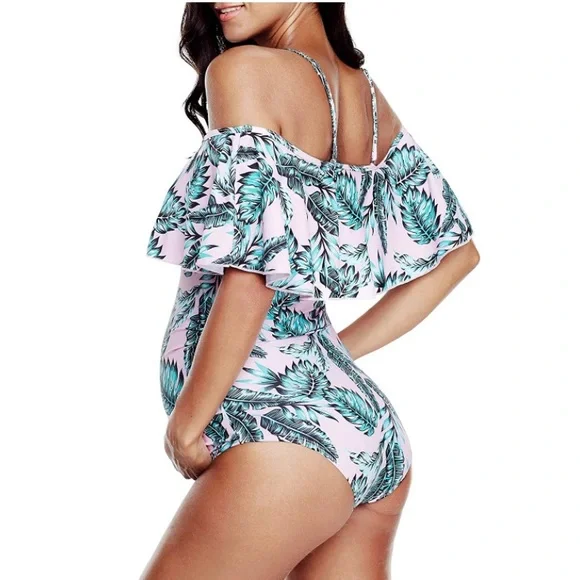 🎉 2X HOST PICK | New Tropical Leaf Flounce Off The Shoulder Maternity Swimsuit - Picture 4 of 11